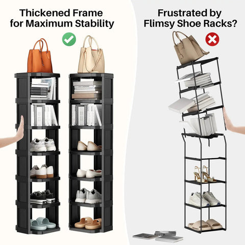 Two shoe racks, one sturdy Eight Tier Vertical Plastic Shoe Rack Freestanding Stackable Organizer For Small Closets And Tight Spaces.