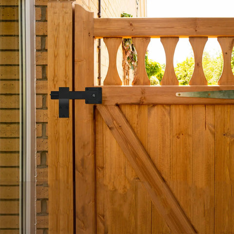 6 Inch Barn Door Flip Latch For Fence Gate Hardware And Shed Doors 360 Degree Rotating Lock Matte Black Finish installed on wooden gate