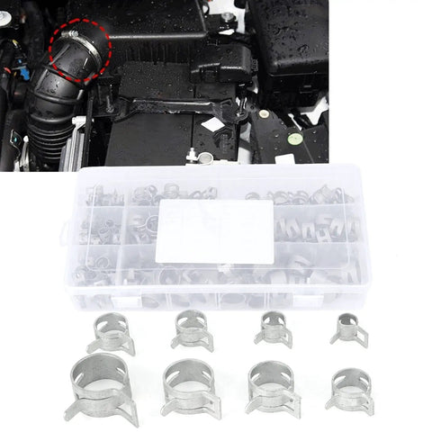 All-Purpose Spring Hose Clamp Kit 160Pcs for automotive radiator hose use with clamps displayed and engine connection shown
