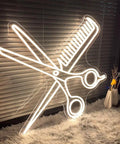 Pickup Here Neon Sign With Adjustable Brightness Warm White Glow For Bar Office Shop Window Decor 20 Inch Hanging Chain Included Perfect For Parties Hotels Salons featuring scissor and comb design