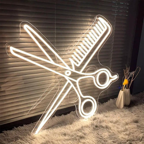 Pickup Here Neon Sign With Adjustable Brightness Warm White Glow For Bar Office Shop Window Decor 20 Inch Hanging Chain Included Perfect For Parties Hotels Salons featuring scissor and comb design