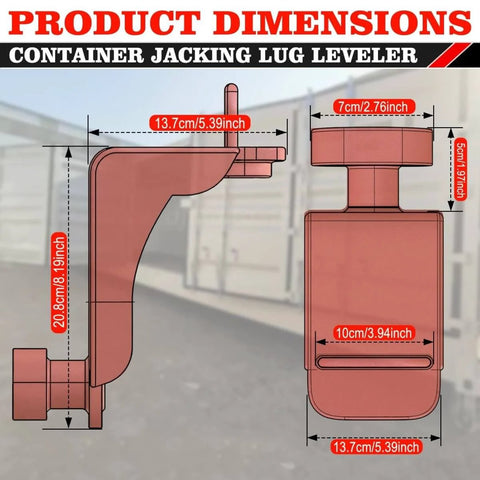 Dimensions and diagrams of the 2 Pack Heavy Duty Shipping Container Jack Lug Set With U Shape Handle And Limiter For Container Homes And Sea Can Stabilization Booster Lifter, 75,000 Pounds Total Capacity, 12,500 Pounds Per Corner.