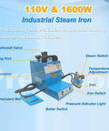 Heavy Duty Industrial Steam Iron And Boiler Setup Straight Up 110 Volt 1600 Watt Pro Ironing Rig with control features and attachments.