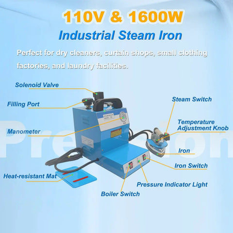 Heavy Duty Industrial Steam Iron And Boiler Setup Straight Up 110 Volt 1600 Watt Pro Ironing Rig with control features and attachments.