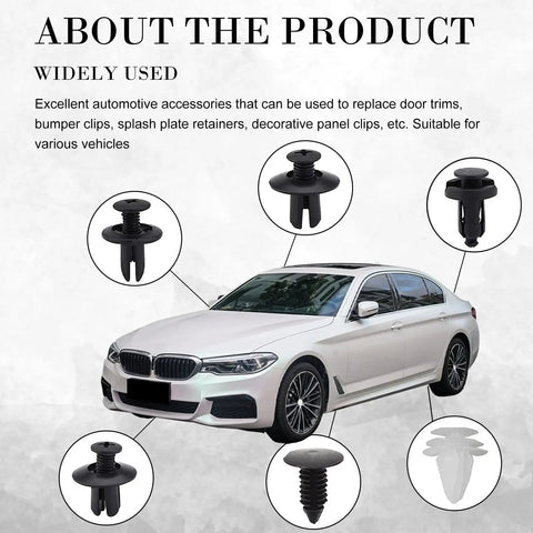 A car showing 100 Piece Lower Hood Clip And Bumper Clip Replacement Set With Push Pin Fasteners And Removal Tool For Most Cars