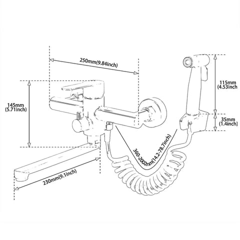 Technical drawing of Wall Mount Kitchen Faucet In Matte Black With Side Sprayer, Heavy Duty Stainless Steel, 9.2-inch spout reach