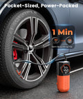 S1 Tire Inflator Portable Air Compressor Cordless Pump With LED Light And Digital Gauge 160 PSI inflating a car tire