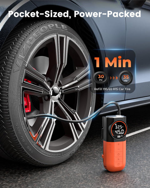S1 Tire Inflator Portable Air Compressor Cordless Pump With LED Light And Digital Gauge 160 PSI inflating a car tire