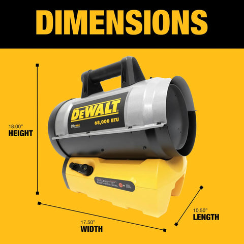 Industrial Grade 68000 Btu H Forced Air Propane Heater Beast Mode Output for Garages and Job Sites dimensions labeled height, width, length.