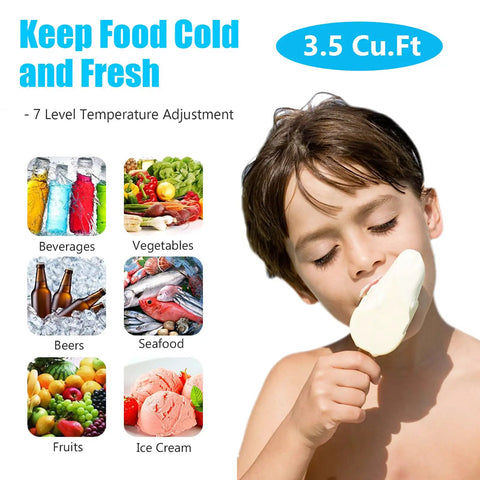 Compact 3.5 Cubic Foot Chest Freezer With Adjustable Thermostat, Super Sleek Mini Deep Freezer For Dorm Room Garage Or Apartment, Keep Your Food Straight Up Frozen With Zero Hassle Ever - Child enjoying ice cream.