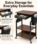 Slick Rolling Three Tier Coffee Station Cart With Built In Power Panel And Roomy Storage Shelf For Mastering Your Daily Grind And Charging Tech Without Hassle, featuring sliding mesh drawer and side storage pocket.
