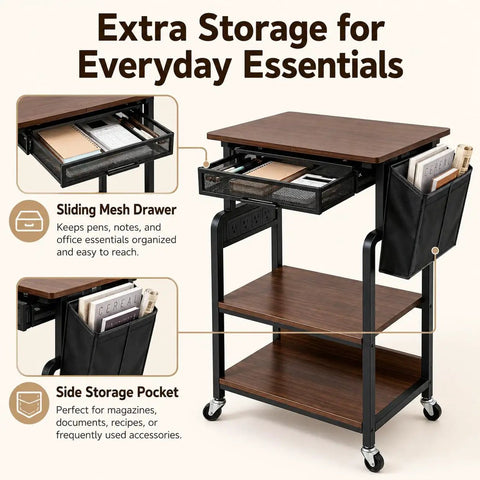 Slick Rolling Three Tier Coffee Station Cart With Built In Power Panel And Roomy Storage Shelf For Mastering Your Daily Grind And Charging Tech Without Hassle, featuring sliding mesh drawer and side storage pocket.
