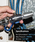 Hand holding Mini Aluminum Windstorm Air Blow Gun with Adjustable Flow Nozzle for high flow dust removal in tight electrical space