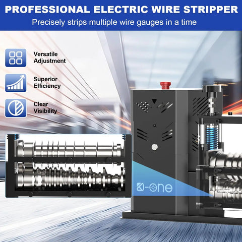 Automatic Wire Stripper Machine For Copper Wire 0.06-1.6 Inch, 700W High Speed Electric Stripper shown with feed channels and blades.