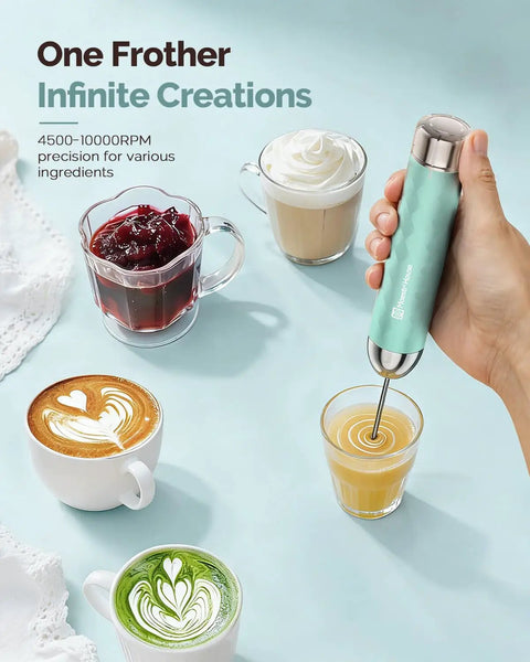 Rechargeable Milk Frother Handheld Wand With Stepless Speed Control And 3 Whisks for making frothy beverages in various cups