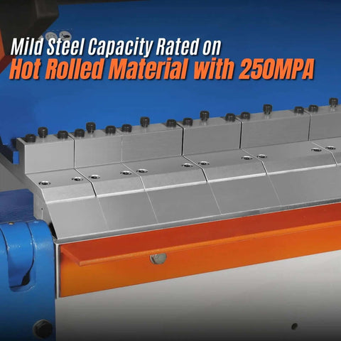 Close-up of 100 Inch Manual Sheet Metal Brake For 12 Gauge Steel Bending With Adjustable Fingers and 135 Degree Angles, Model PB10012