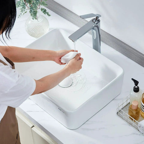 Kick Up Your Vanity Game With Solid White Rectangular Ceramic Vessel Sink, 19 By 14 Point 7 Inch Above Counter Basin, Modern Glossy Finish, Smooth Operator Glaze That Makes Cleanup Totally Stress Free