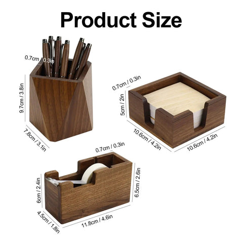 Walnut Wood Sticky Note Holder And Tape Dispenser, Rhombic Pen Holder Desk Organizer Set With Dimensions Labeled