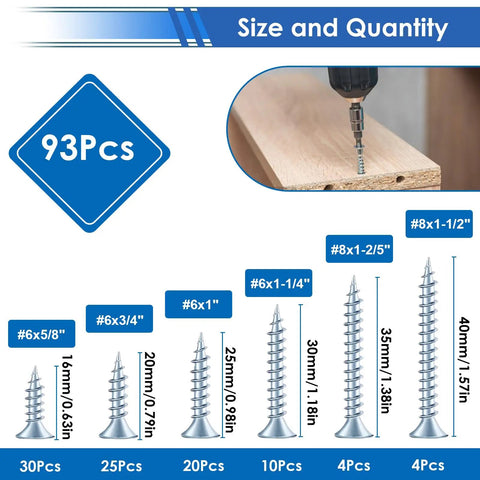 Heavy Duty Workhorse Nuts And Bolts Assortment Kit With Washers And Wood Screws 453 Piece Set M3 M4 M5 M6 displaying 93 screws of various sizes.