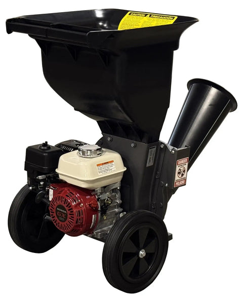 Gas Powered Wood Chipper Leaf Shredder with Honda GX 4 HP engine, black design, compact and maneuverable for yard cleanup, chops branches, mulches leaves