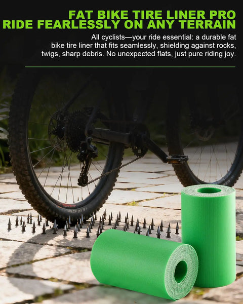 Fat Bike Tire Liner Pro Inner Tube Flat Protector shown with bike and thorn shield, 3-layer TPU fiberglass protection