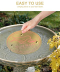 Hand placing 4 Piece Pure Copper Disks For Bird Baths 4 Inch Surface Protectors in outdoor bird bath to keep water fresh