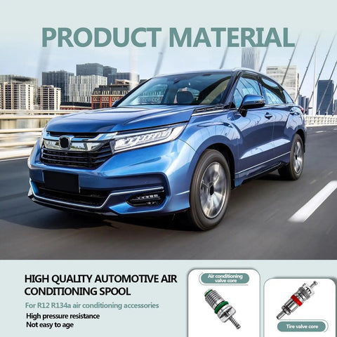 Car with 102 Piece Auto AC Valve Core Kit for R12 R134a and tire valve core repair tools, enhancing auto air conditioning.