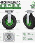 10 Inch Heavy Duty Pneumatic Casters Set Of 4 With Silky Smooth Air Rubber Tires For Industrial Utility Use And Heavy Freight Equipment showcasing dimensions and specifications.