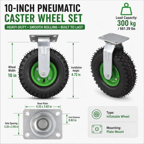 10 Inch Heavy Duty Pneumatic Casters Set Of 4 With Silky Smooth Air Rubber Tires For Industrial Utility Use And Heavy Freight Equipment showcasing dimensions and specifications.