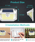 Solar Motion Sensor Outdoor Lights 4 Pack 188 LED, 270 Degree Wide Angle IP65 Waterproof Wall Flood Lights product size and installation methods.