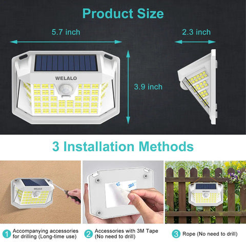 Solar Motion Sensor Outdoor Lights 4 Pack 188 LED, 270 Degree Wide Angle IP65 Waterproof Wall Flood Lights product size and installation methods.