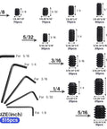 Massive 1305 Piece Metric And SAE Set Screw Kit With Headless Internal Hex Drive Includes 26 Sizes From M3 To M8 And One Eighth To Five Sixteenths Inch Plus Ten Hex Wrenches And Two Tweezers In Durable Black Alloy Steel with inch set screws displayed.