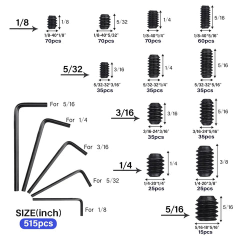 Massive 1305 Piece Metric And SAE Set Screw Kit With Headless Internal Hex Drive Includes 26 Sizes From M3 To M8 And One Eighth To Five Sixteenths Inch Plus Ten Hex Wrenches And Two Tweezers In Durable Black Alloy Steel with inch set screws displayed.