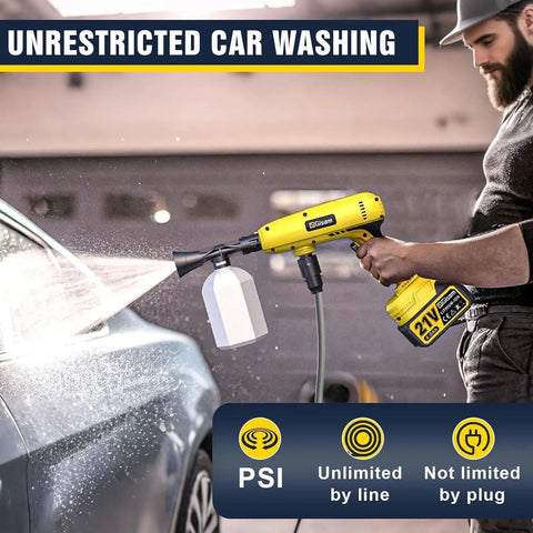 Wreck The Grime On Your Ride Or Yard With This Cordless Portable Pressure Washer showcasing handheld use on car.