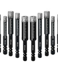 Dry Diamond Drill Bit Set 10 Pack Pro Grade For Tile Ceramic Marble Granite Glass Brick Stone With One Quarter Inch Hex Shank Includes 6mm 8mm 10mm And 12mm Bits For Fast Clean Dry Drilling In Home Renovations.