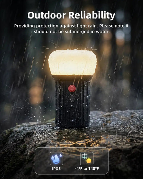 Rechargeable LED Camping Lantern With 6000mAh Battery Emergency Outdoor Tent Light wet in rain on rock, IPX5 rated