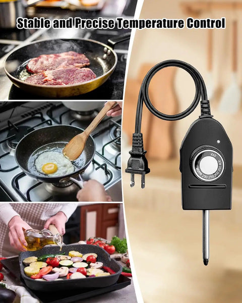 Heat Control Thermostat Probe For Electric Cookware Replacement Cord with precise temperature regulation and plug for skillets.