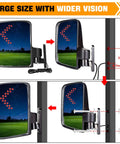 LED Turn Signal Side Mirrors for Golf Carts with 7x5 Inch Glass showing size and installation details on a clear night.