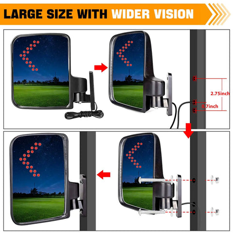 LED Turn Signal Side Mirrors for Golf Carts with 7x5 Inch Glass showing size and installation details on a clear night.