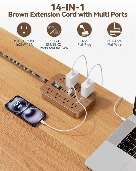 Wooden Walnut Power Strip With USB Ports, 5 Ft Long, 8 AC Outlets, 6 USB Ports Including USB C Fast Charging, 1625W
