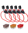 18 Gauge Inline Fuse Holder Kit, 5 Pack Waterproof Fuse Holders With 15 ATC/ATO Fuses (5A, 7.5A, 10A) shown with loops and caps