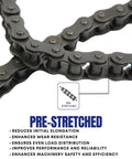 ANSI 40 Roller Chain 3 Ft With 2 Connecting Links And 1 Offset Link - Heavy Duty 0.5 Inch Pitch, close-up showing pre-stretched feature.