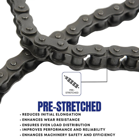 ANSI 40 Roller Chain 3 Ft With 2 Connecting Links And 1 Offset Link - Heavy Duty 0.5 Inch Pitch, close-up showing pre-stretched feature.