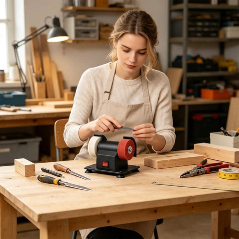 Heavy Duty Mini Bench Grinder With Dual Grinding Wheels For Precise Tool Sharpening And Burr Removal Electric Tabletop Machine in use with tools on a woodwork table.