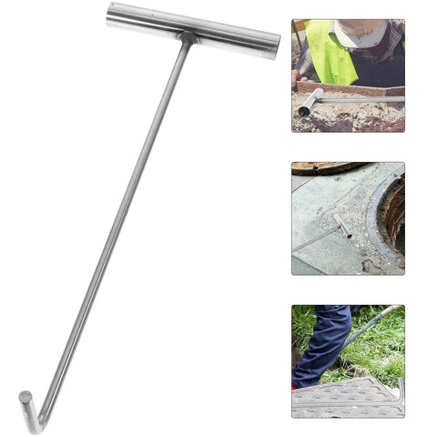 Heavy Duty Stainless Steel Manhole Cover Hook With Sturdy T Shaped Handle Design For Dead Simple Storm Drain Grate Lifting image showing tool placement.