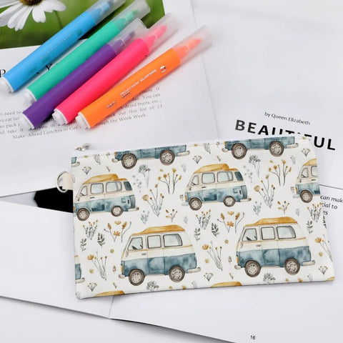 Slim Canvas Coin Purse And Card Holder For RV Lovers And Camp Buddies Zippered Wallet with van design on magazines