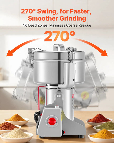 VEVOR 3400W Electric Grain Mill Grinder For Coffee Beans Spice Corn High Speed 32000RPM Stainless Steel Pulverizer Machine with 270° swing top.