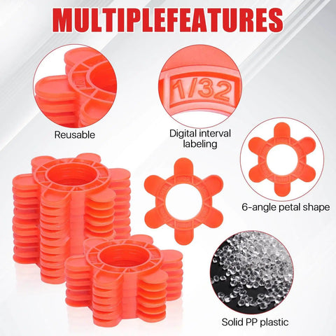 Hexagon Tile Spacers Set 100 Pcs 1 To 5 Mm Six Sizes In One Large 6.7 Cm Reusable Plastic Tile Leveling Shims Color Coded Gap Clips For Wall And Floor Tiling Red Fast Removal For DIY Pros showing reusable red 6-angle petal shape spacers.