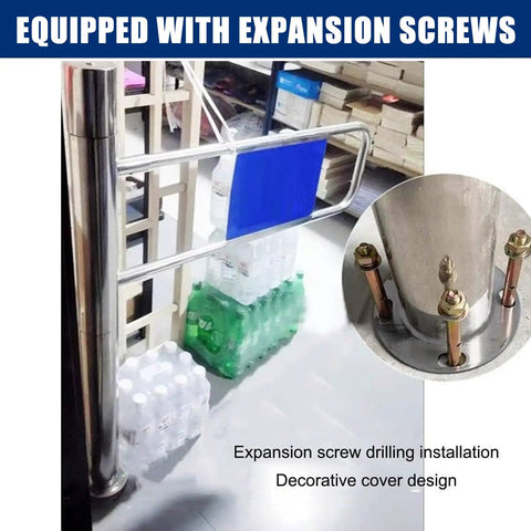Heavy Duty Automatic Swing Gate With Bulletproof Metal Build And No Drama Crowd Control For Warehouses Retail Stores Libraries showcasing expansion screws and installation.
