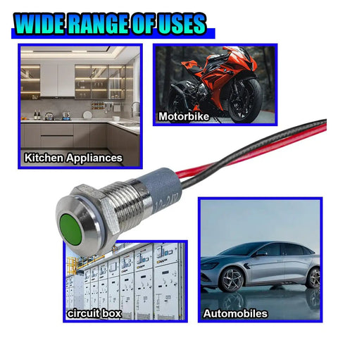 12V/24V Waterproof LED Indicator Light With 8mm Mount Metal Shell Panel Dash Light showing multiple uses in vehicles and appliances